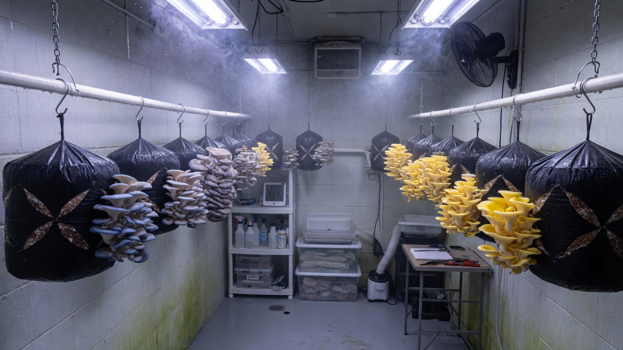 Fruiting bags of oyster mushrooms in a climate-controlled grow room