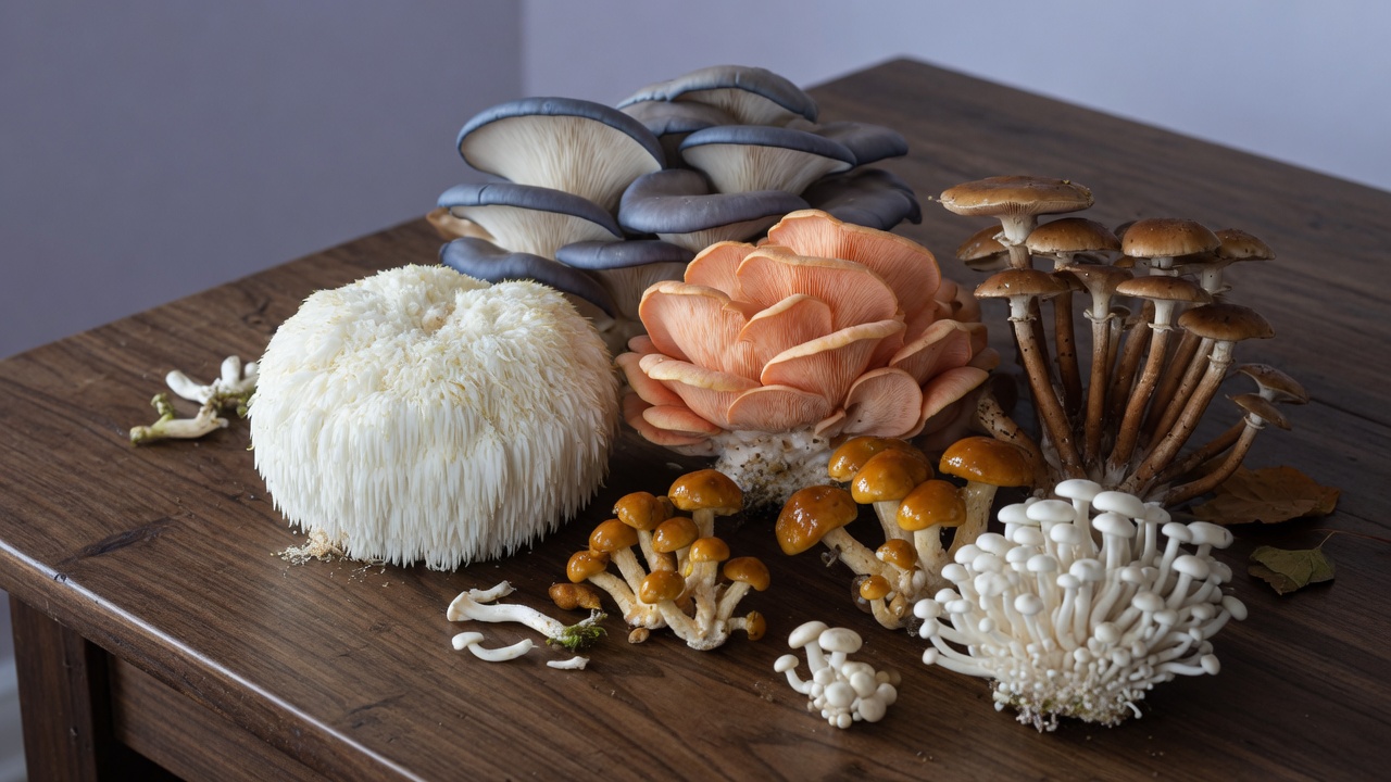 A harvest of gourmet cultivated mushrooms on a wooden table