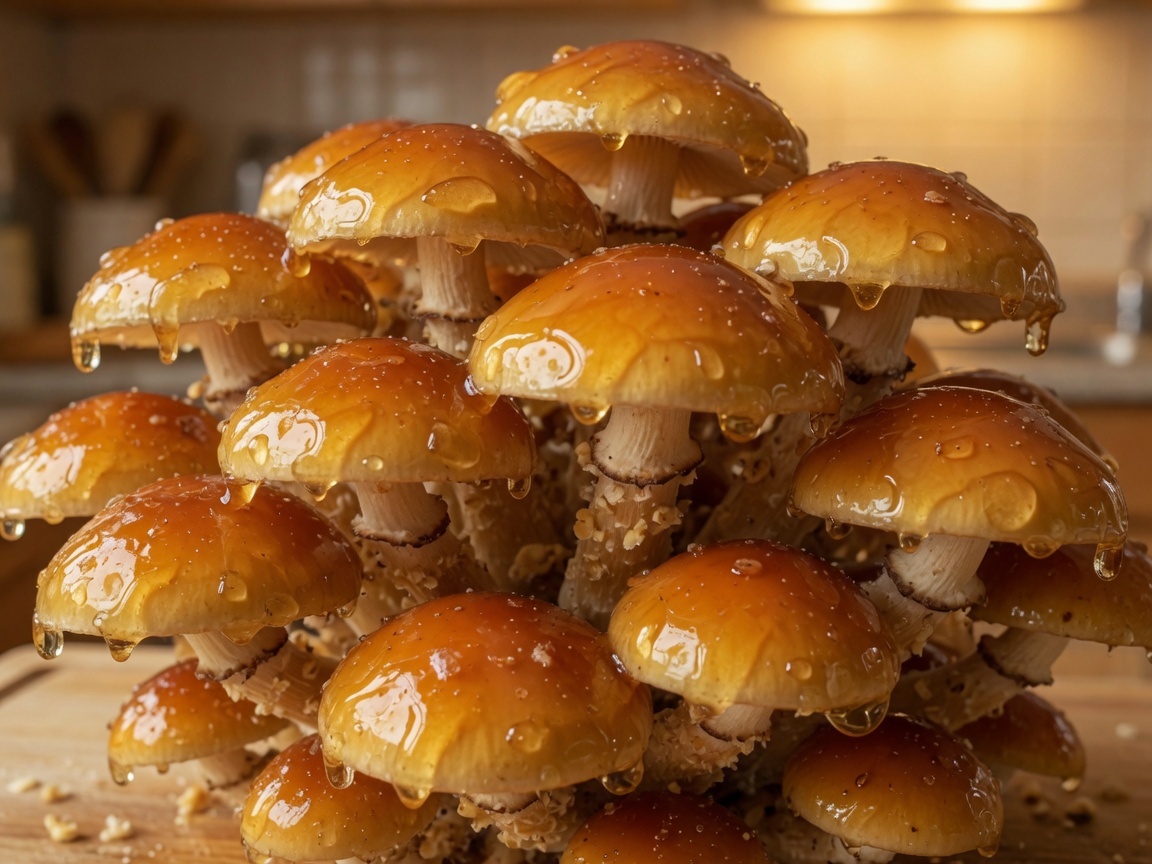 Glossy amber nameko mushrooms