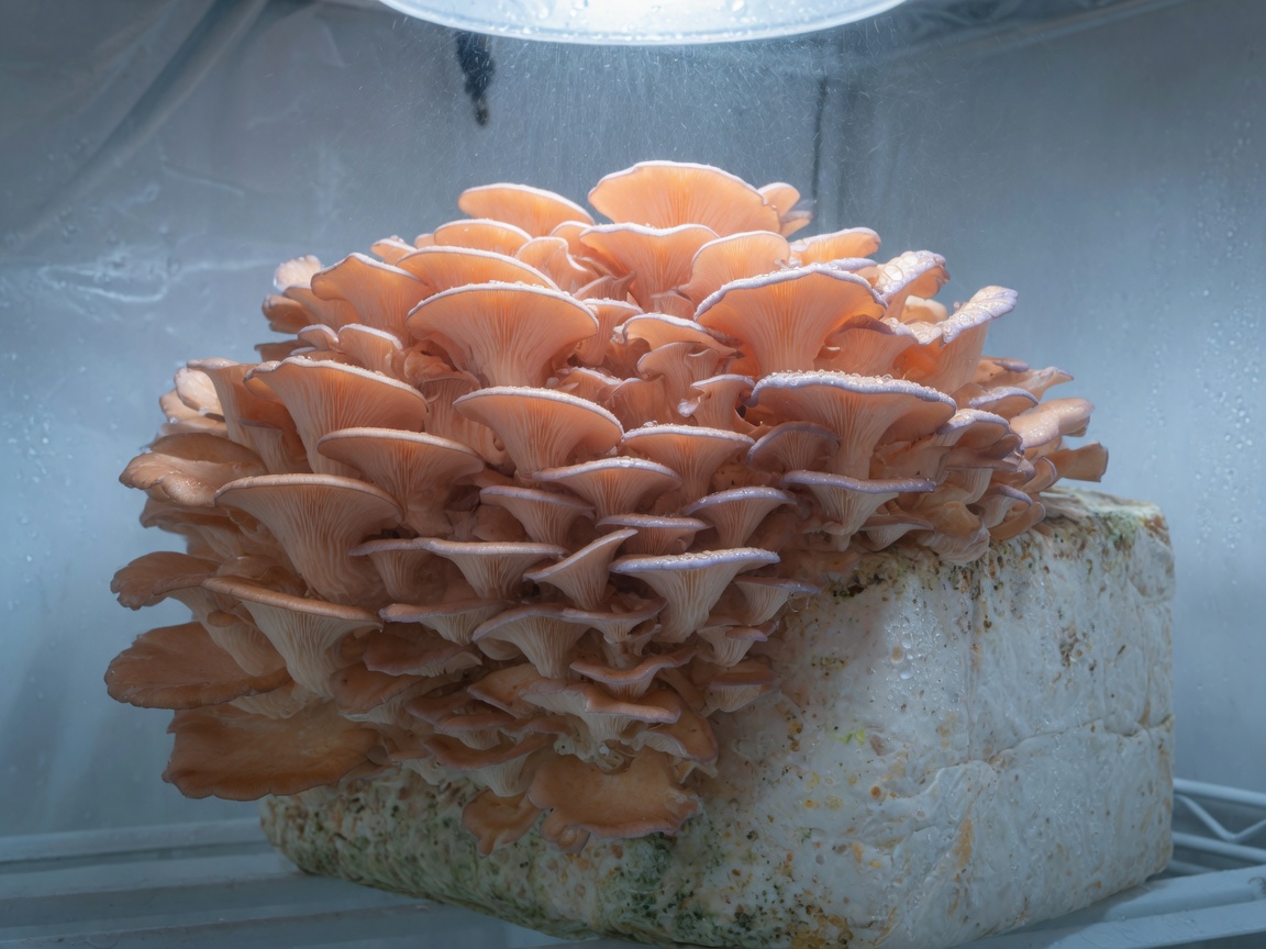 Cluster of peach-colored phoenix oyster mushrooms
