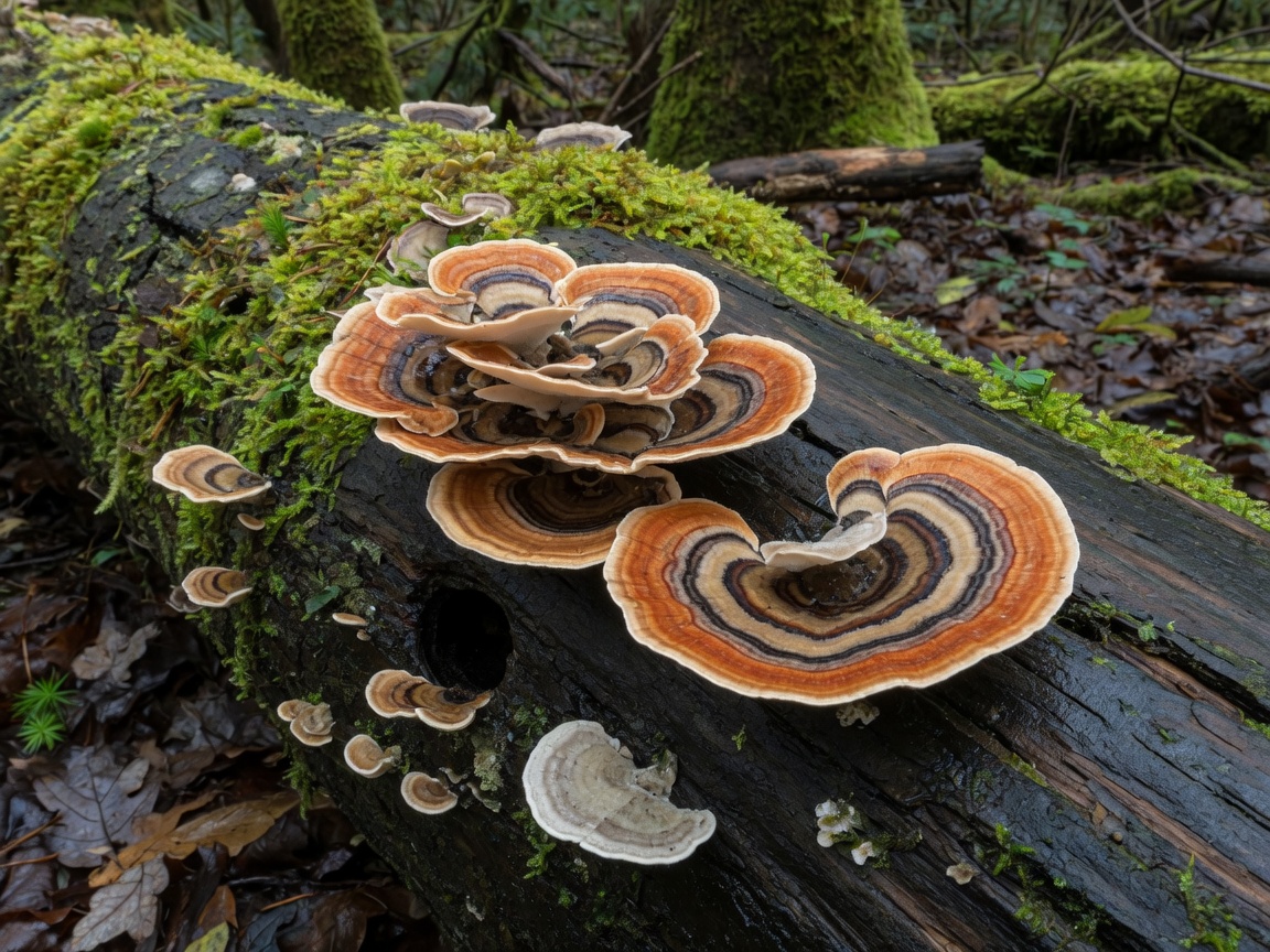 Turkey tail mushrooms growing on a hardwood log